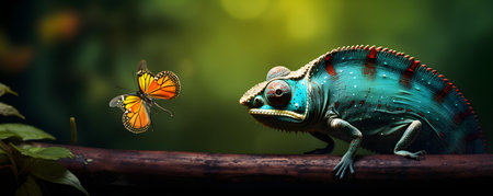 Chameleon capturing grasshopper in vibrant forest scene predato. Concept Nature Photography, Wildlife Encounter, Camouflage in Action, Vibrant Ecosystem, Animal Behaviorの素材