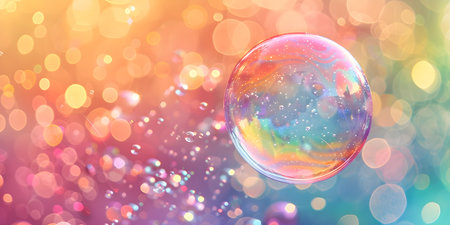 Colorful soap bubble in focus against a vibrant blurred background Rainbow hues. Concept Photography, Soap bubbles, Colorful, Vibrant, Outdoorsの素材
