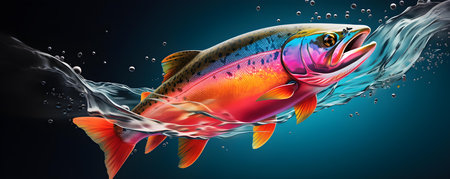 Colorful trout leaps above rippling lake aiming for its prey below. Concept Nature, Wildlife, Fishing, Outdoors, Aquatic Lifeの素材