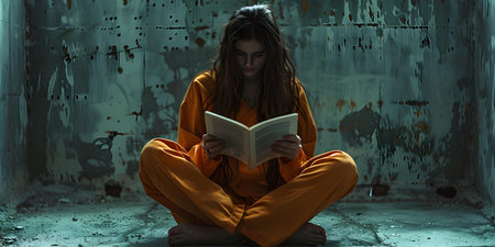 A prisoner absorbed in reading while confined symbolizing isolation or intellectual curiosity. Concept Solitary Reading, Confinement, Intellectual Pursuit, Symbolism, Incarcerationの素材