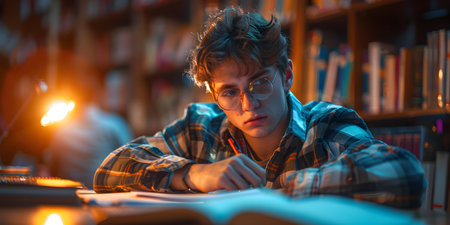 Dedicated student studying late showing exhaustion but commitment to academic success. Concept Late Night Study, Student Dedication, Academic Success, Exhaustion, Commitmentの素材