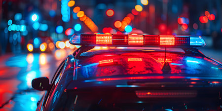 Closeup of a police car siren flashing in bright red and blue colors. Concept Emergency Vehicles, Police Car Siren, Red and Blue Lights, Closeup Photographyの素材
