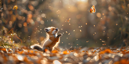 A playful holographic fox cub joyfully pursuing a fluttering butterfly. Concept Fantasy Creatures, Nature Scenes, Colorful Imageryの素材