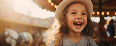 Delighted child enjoying a carousel ride at amusement park on sunny day. Concept Family Fun, Carousel Rides, Amusement Park Sunny Day, Delighted Children, Outdoor Activitiesの素材