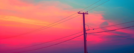 Power Line Silhouette Against Vibrant Sunset Sky. Concept Sunset Silhouettes, Power Lines, Vibrant Colors, Outdoor Photography, Nature Sceneの素材