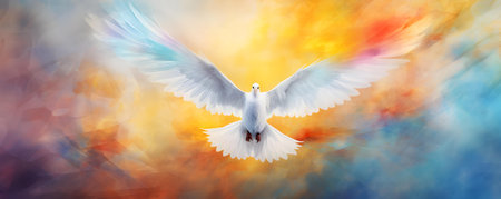 Dove symbolizing Holy Spirit over vibrant watercolor backdrop Digital art concept. Concept Digital Art, Holy Spirit Symbol, Watercolor Background, Dove Illustration, Vibrant Colorsの素材