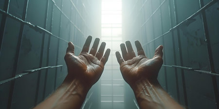 Hands extend through prison bars toward light embodying pursuit of freedom. Concept Freedom, Imprisonment, Hope, Light, Struggleの素材