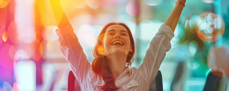 Excited young businesswoman celebrating success with arms raised in office chair. Concept Success, Businesswoman, Celebration, Office, Excitementの素材