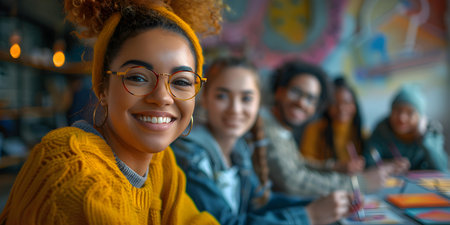 Group of diverse individuals joyfully crafting and socializing at art class. Concept Art Class, Diverse Group, Crafting, Socializing, Joyful Atmosphereの素材