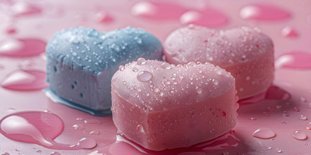 Heart-shaped soaps placed on a pink and blue surface with water droplets. Concept Heart-shaped soaps, Pink and Blue, Water Droplets, Bath Products, Color Contrastの素材