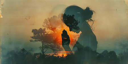 Hands of a girl folded in prayer with double exposure at sunset. Concept Double Exposure Photography, Sunset Silhouette, Prayer Pose, Spiritual Art, Creative Portraitsの素材