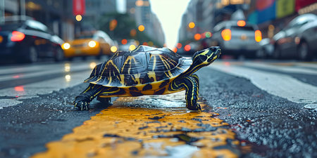 Turtle crossing a busy urban street at a swift pace. Concept Animal behavior, Urban environment, Crossing the road, Turtle movement, Fast paceの素材