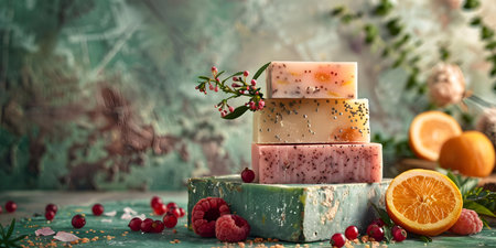 Handmade soaps displayed in artistic arrangement highlighting unique textures and colors. Concept Handmade soaps, Artistic arrangement, Unique textures, Colorful display, Handcrafted skincareの素材