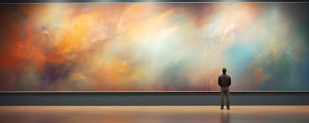 Admiring an abstract painting of the heavens in an art gallery exhibit. Concept Art Galleries, Exhibits, Abstract Paintings, Heavenly Themes, Cultural Experienceの素材