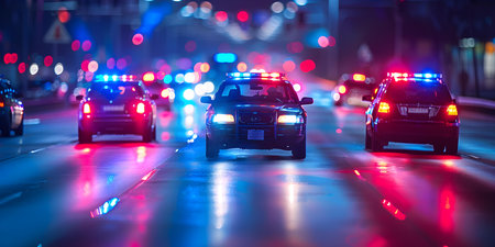 Police pursuit fastmoving vehicles in blurred motion under cover of night. Concept Police Pursuit, Fast-moving Vehicles, Blurred Motion, Night Scene, Action-packedの素材