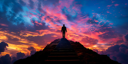 Silhouette of man climbing stairs towards new beginnings and adventures ahead. Concept New Beginnings, Adventure Ahead, Silhouette, Climbing Stairsの素材