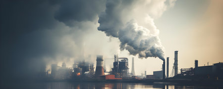 Smoke bills from industrial plant contributing to climate change and urban pollution. Concept Climate Change, Urban Pollution, Industrial Emissions, Environmental Impact, Air Qualityの素材