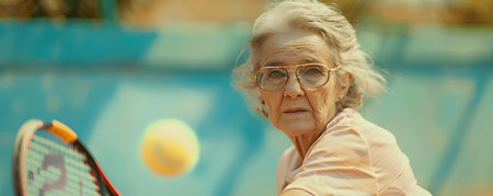 Joyful elderly lady enjoying a game of tennis during her retirement. Concept Elderly, Joyful Retirement, Tennis, Outdoor Activities, Healthy Agingの素材