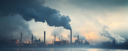 Industrial Plant Emissions: A Catalyst for Climate Change and Urban Pollution. Concept Climate Change, Pollution Control, Environmental Regulations, Industrial Sector, Emission Reductions,の素材