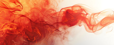 Red smoke swirls against white background creating abstract fiery texture. Concept Smoke Photography, Abstract Art, Red Swirls, Fiery Textures, White Backgroundの素材