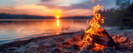 Relaxing evening campfire by the serene lake at sunset Beach camping scene. Concept Sunset Reflections, Lakeside Campfire, Beach Camping, Serene Nature, Relaxing Eveningの素材