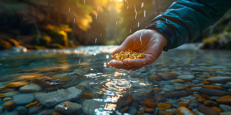 Gold Prospector Searching in River Nature Background with Mineral Highlights: Professional Photo with Copy Space. Concept Nature Photography, Outdoor Adventure, Gold Mining, Mineral Explorationの素材