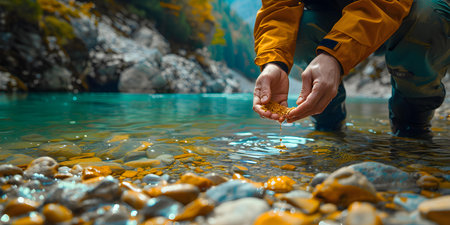 person searching for gold in river nature background highlights mineral search centered professional photo copy space. Concept Gold Panning, Nature Background, Mineral Search, Professional Photoの素材