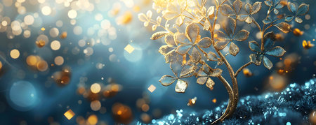 An abstract wallpaper showcasing a floral tree design in gold and royal blue. Concept Abstract Art, Wallpaper, Floral Tree Design, Gold, Royal Blueの素材