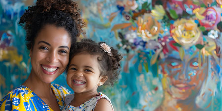 A Brazilian mother and daughter enjoy a creative painting session with music. Concept Family Bonding, Creative Activities, Mother-Daughter Time, Artistic Expression, Cultural Traditionsの素材
