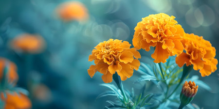Blooming Marigold Flowers in a Vibrant Close-up Shot. Concept Flower Photography, Close-up Shots, Marigold Flowers, Vibrant Colors, Nature Photographyの素材