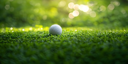 A golf ball ready for tee off on a green course. Concept Sports, Golf, Recreation, Outdoor Funの素材
