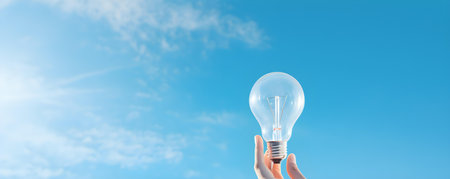A persons hand holding a glowing light bulb against a blue sky. Concept Photography, Creativity, Ideas, Inspiration, Innovationの素材