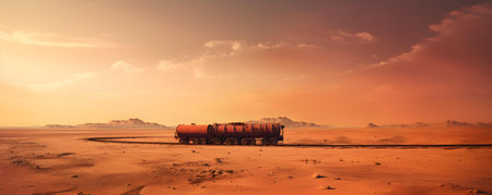 A stranded container tanker in a barren landscape symbolizing supply chain issues. Concept Supply chain disruptions, Stranded container tanker, Barren landscape, Logistics challengesの素材