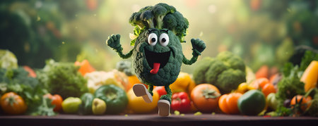A man made of assorted fruits and vegetables runs toward a healthy lifestyle. Concept Fruits, Vegetables, Healthy Lifestyle, Nutrition, Creative Conceptの素材