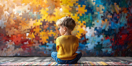 A young child sits in front of a puzzle wall for autism awareness. Concept Autism Awareness, Child Photography, Puzzle Wall, Supportive Environment, Neurodiversityの素材
