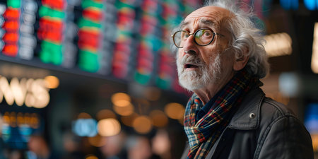 An elderly man looks concerned as he monitors a declining stock market. Concept Business, Finance, Stock Market, Retirement, Concernの素材