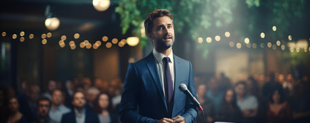 Businessman in suit delivers speech to crowd from stage at conference. Concept Business Presentation, Public Speaking, Conference Speech, Professional Attire, Audience Engagementの素材