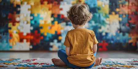 Autism spectrum child sitting against jigsaw puzzle wall seen from behind. Concept Autism Awareness, Sensory Wall, Puzzles, Neurodiversity, Child Developmentの素材