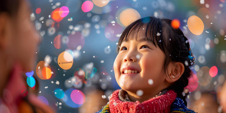 Children eagerly await the New Year with joy, laughter and celebration. Concept New Year Celebration, Children's Excitement, Joyful Laughter, Festive Atmosphereの素材