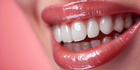 Pink Lips and White Teeth Closeup with Copy Space. Concept Closeup Photography, Beauty Portrait, Cosmetic Advertising, Pink Lipstick, White Teethの素材
