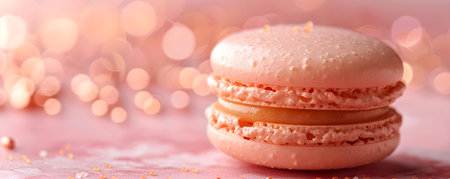 Stunning close-up shot of a pink French macaron against a matching backdrop. Concept Food Photography, Dessert Styling, Close-up Composition, Color Coordination, Elegant Presentation,の素材