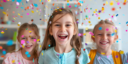 Excited children happily counting down to New Year with joy and laughter. Concept New Year Celebrations, Countdown Fun, Excited Children, Joyful Laughterの素材