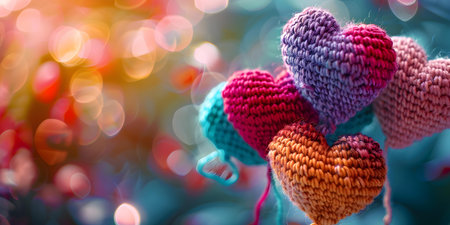 Colorful knitted hearts made of yarn. Concept DIY Crafts, Yarn Art, Heart Decor, Handmade Gifts, Decorative Accentsの素材