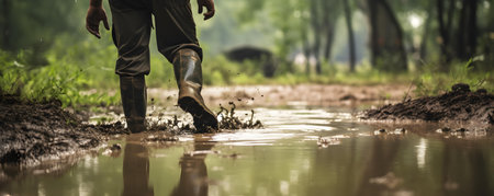 Flooded plantation Farmer in rubber boots struggles in mud after rain. Concept Agriculture, Flood, Plantation, Farmer, Rainの素材