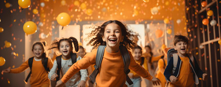 Excited kids with backpacks for first day of school School education concept. Concept Back to School, School Supplies, Kids Fashion, School Excitement, Educational Milestonesの素材