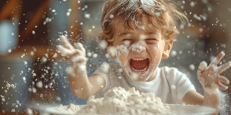 Excited young boy playing with flour creating a mess pure happiness. Concept Excited young boy, Playing with flour, Creating a mess, Pure happiness, Outdoor photoshootの素材