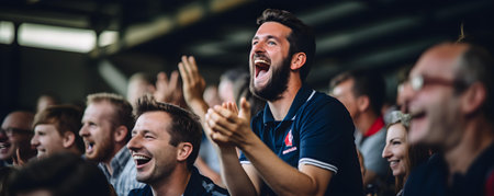 Excited French rugby fans cheering in the stands at a match. Concept Sporting Events, Rugby Enthusiasts, Excited Fans, Stadium Atmosphereの素材