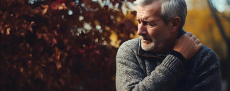 Elderly Asian man experiencing shoulder pain symbolizing stiff or frozen shoulder. Concept Physical Therapy, Shoulder Pain Relief, Aging, Elderly Health, Mobility Exercisesの素材