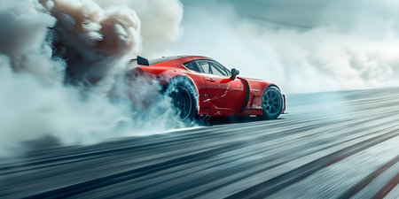 Dynamic race car drifting with billowing smoke on highspeed track. Concept Race Car Drifting, High-Speed Track, Billowing Smoke, Dynamic Action, Motorsport Excitementの素材