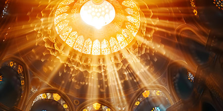 Intricate design inside mosque dome illuminated by light and lens flares. Concept Architecture, Interior Design, Islamic Art, Lighting Effects, Photography Techniquesの素材